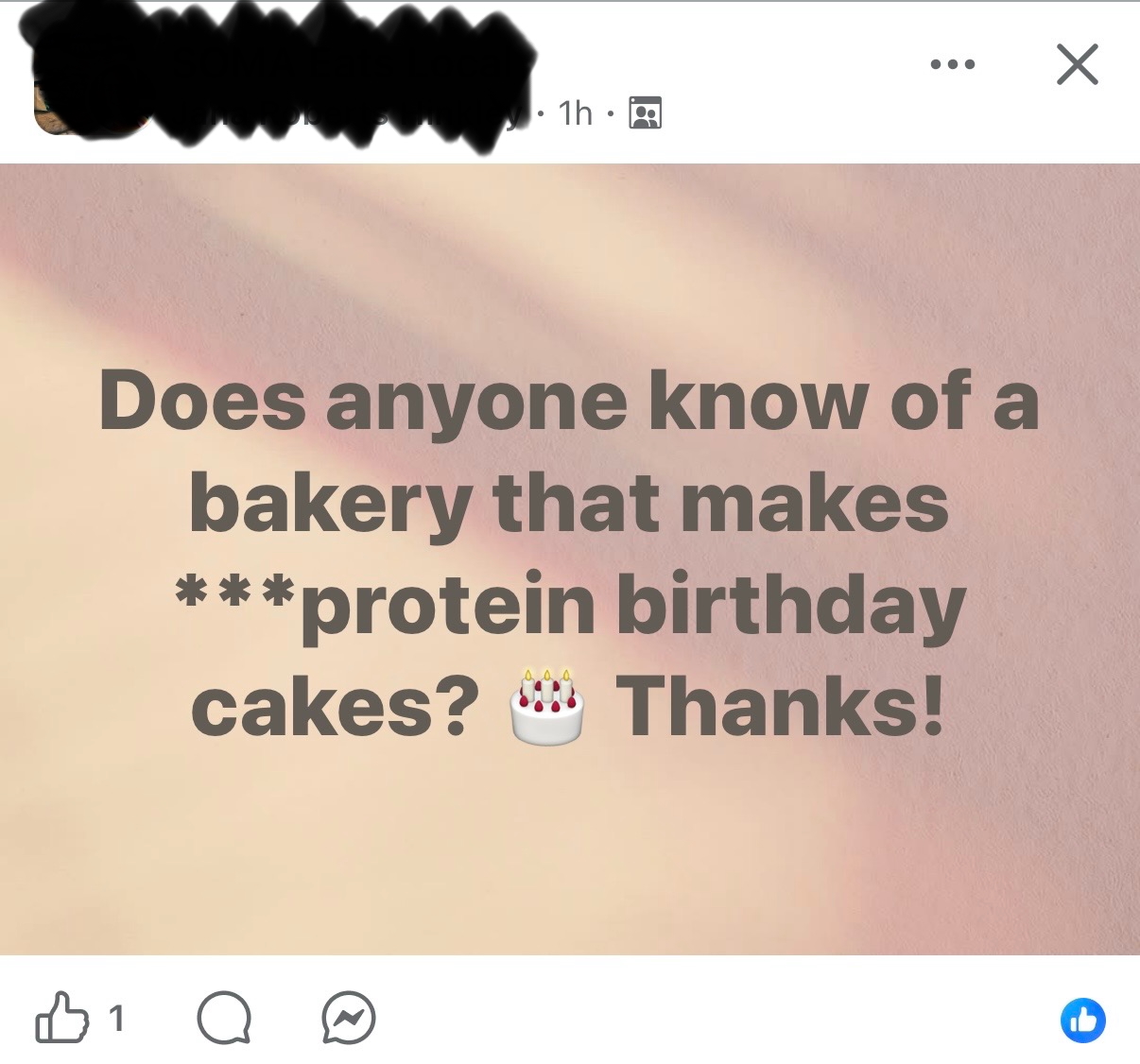 Facebook request for a protein birthday cake
